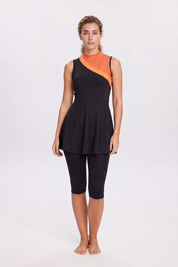 Sun Patterned Orange Black 2 Piece Semi-Closed Swimsuit Set 2289