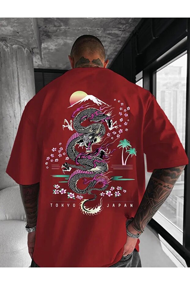 New Season Tokyo Summer Evening Dragon Back Printed 100% Cotton Plus Size Men's T-Shirt