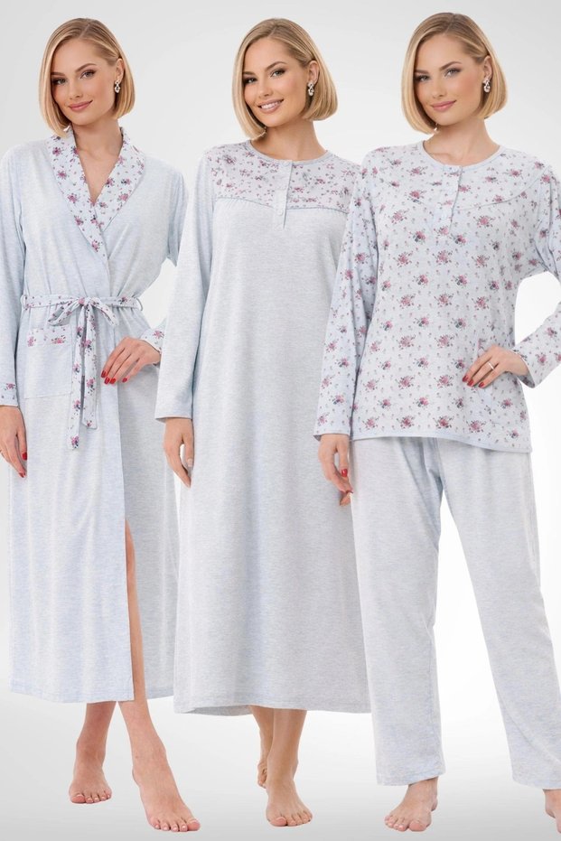 Women's Floral Patterned 4-Piece Large Size Long Sleeve Set Dressing Gown-Nightgown-Pajama Set 80% Cotton 20% Viscose