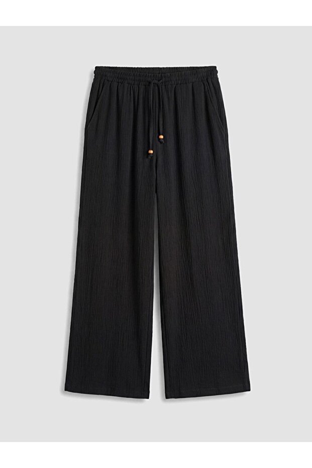 Lcw Vision Women's Black Elastic Waist Wide Leg Pants