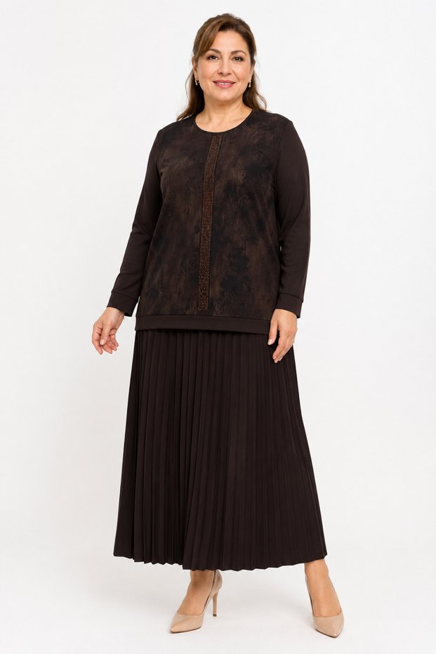 Women's Middle Age and Above Sandy Kupra Fabric Mother Pleated Skirt Blouse Set 1458