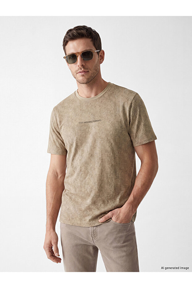 Nevavm Oval Collar Patterned Combed Cotton Men's T-Shirt