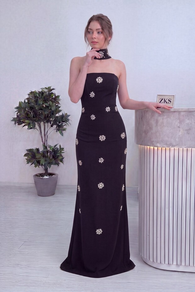 Women's Strapless Stone Detailed Long Evening Dress Woven Yellow, White, Red, Black