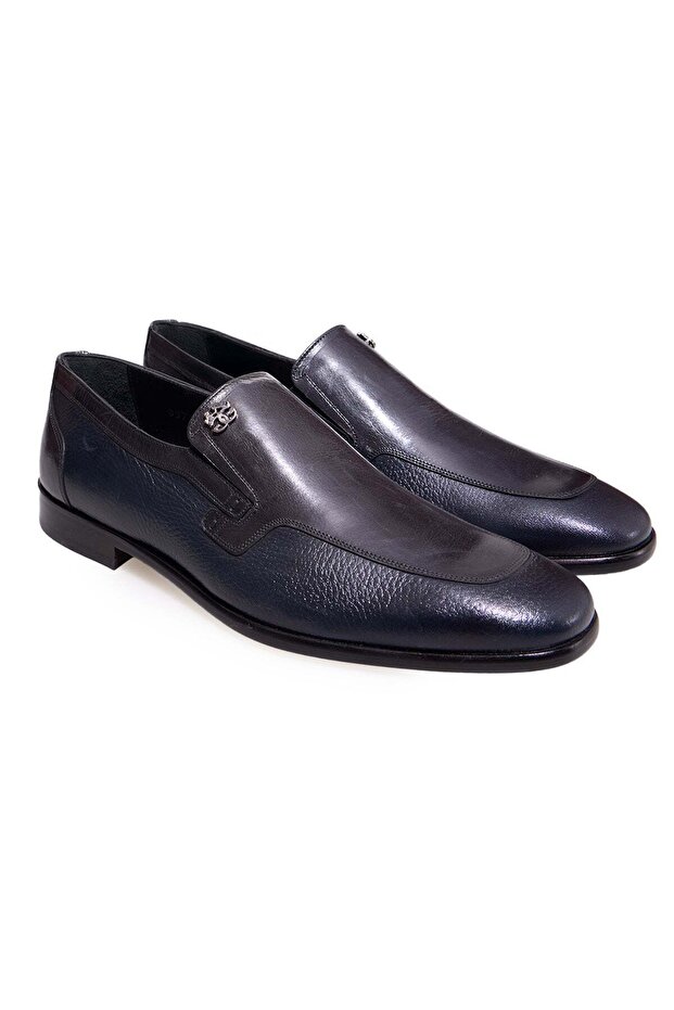 Dark Blue Color Laceless Genuine Leather Leather Sole Men's Shoes