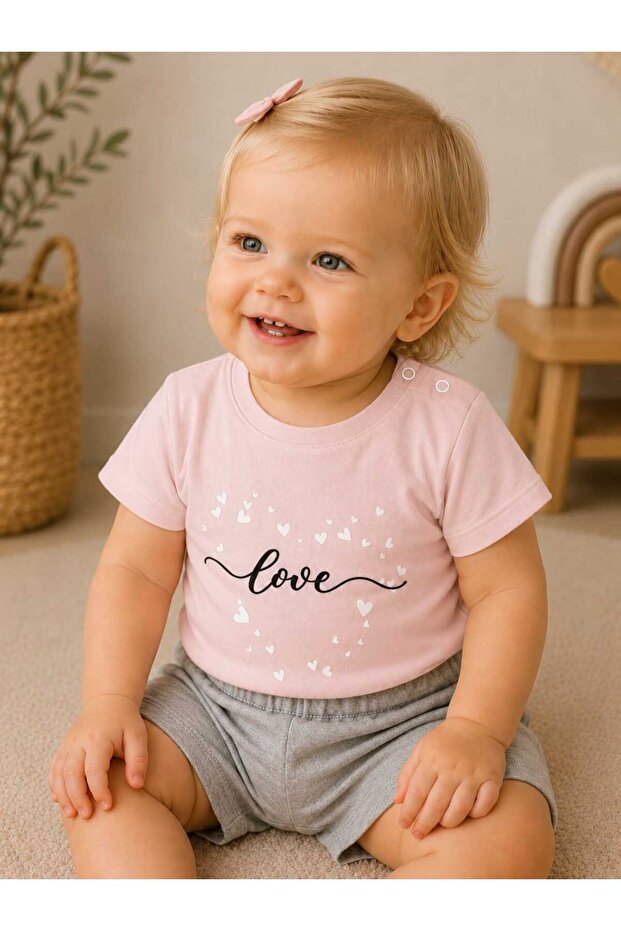 100% Cotton Love Printed Summer Two-Piece Baby Girl Set with Shorts