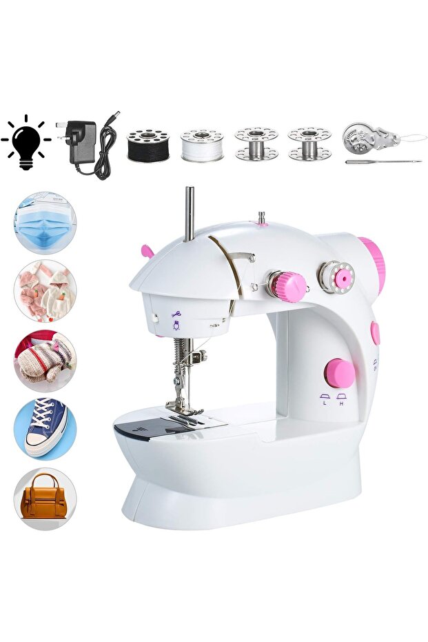 Adjustable 2-Speed Mini Sewing Machine H32484US – Portable Electric Sewing Machine for Home Stitching, Repairs & DIY Projects, White/Pink