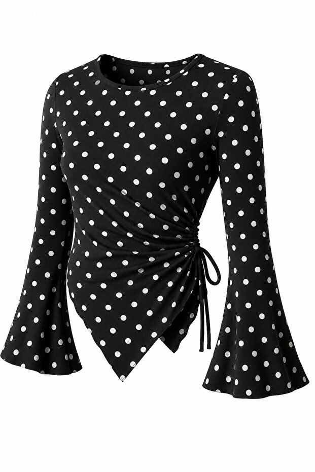 Polka Dot Round Neck Drape Detailed Spanish Sleeve Hijab Matching Top Blouse