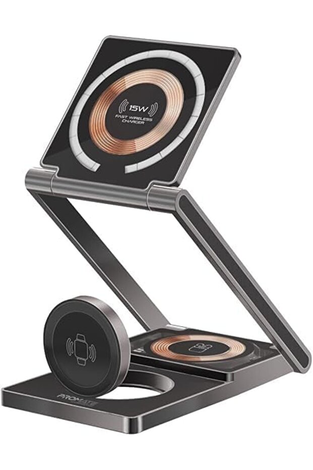 3-in-1 Magnetic Wireless Charging Station, 15W Foldable Fast Charging Stand, Transparent Portable Charging Dock with Magnetic Phone Charger, Smartwatch Charger & Wireless Earbuds Charger for Home