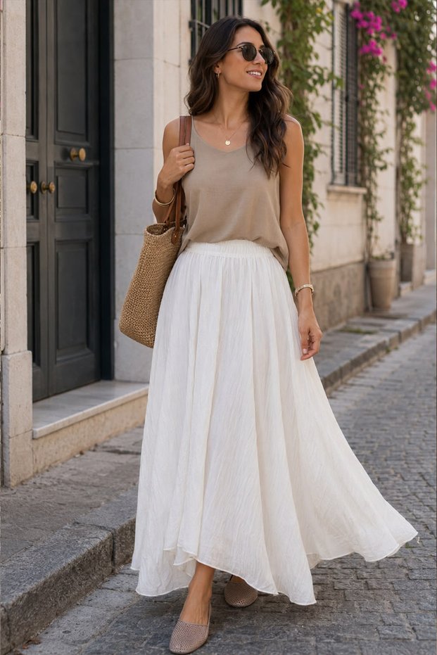 A-Line Long Skirt with Elastic Waist