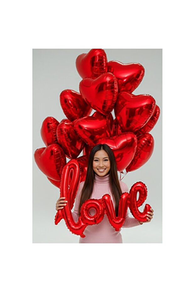 10 Pieces of Foil Helium Balloons with Red Heart Pattern, Love Themed, Fun Gift