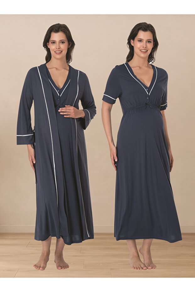 V-Neck Cotton Long Robe Maternity Nightgown Set