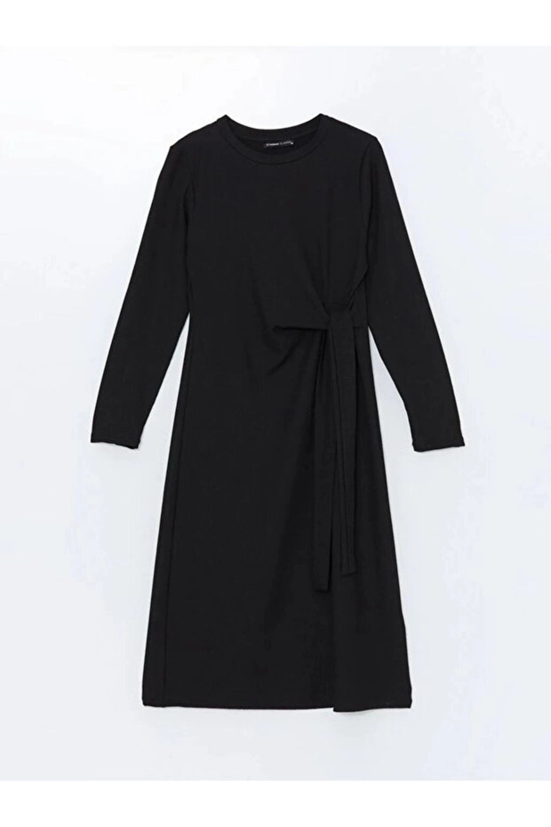 Women's Black Crew Neck Textured Dress