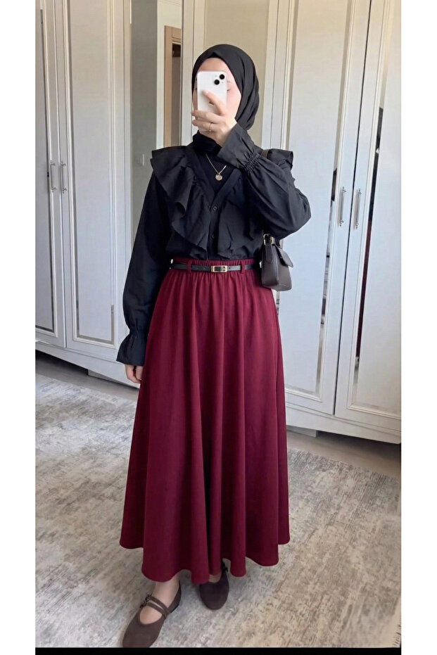 Belt Detail Soft Skirt-Burgundy