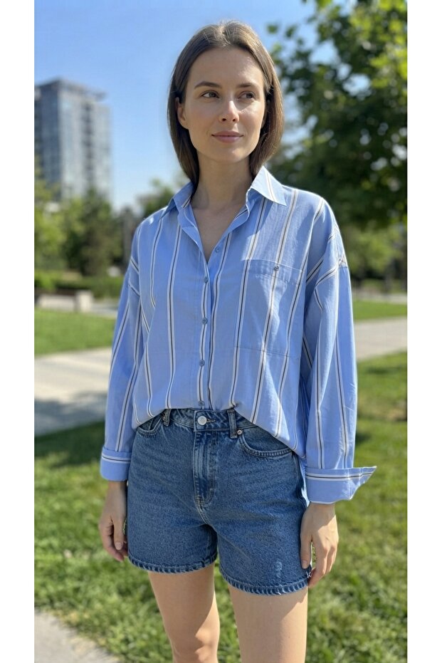 Oversize Cut Off-Shoulder Blue and White Striped Poplin Shirt