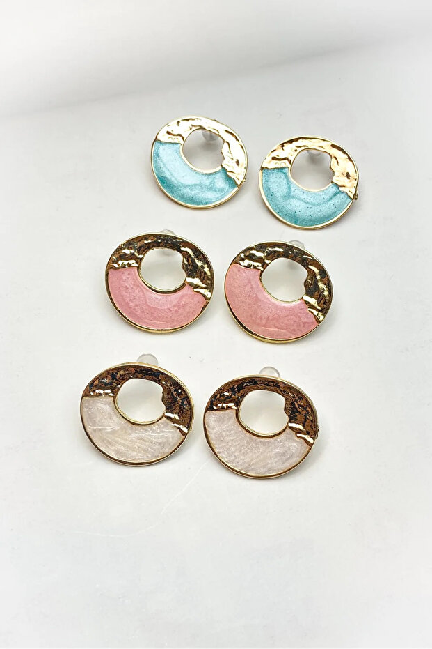 3 Pairs Blue Pink Round Model Gold Color Earring Set