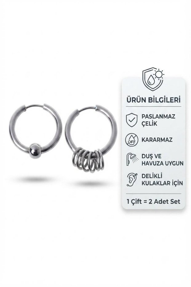 Unisex Silver Color Steel Hoop Earrings with Ball and Ring Detail