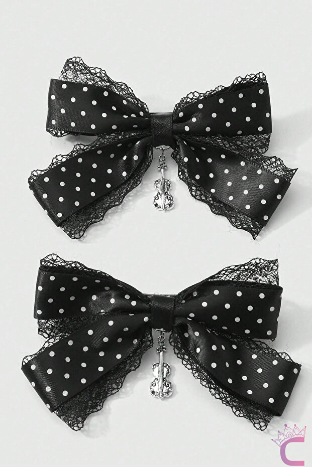 2-Pack Vintage Black Lace Polka Dot Music Violin Figure Dangle Automatic Clip-On Bow Buckle 12cm