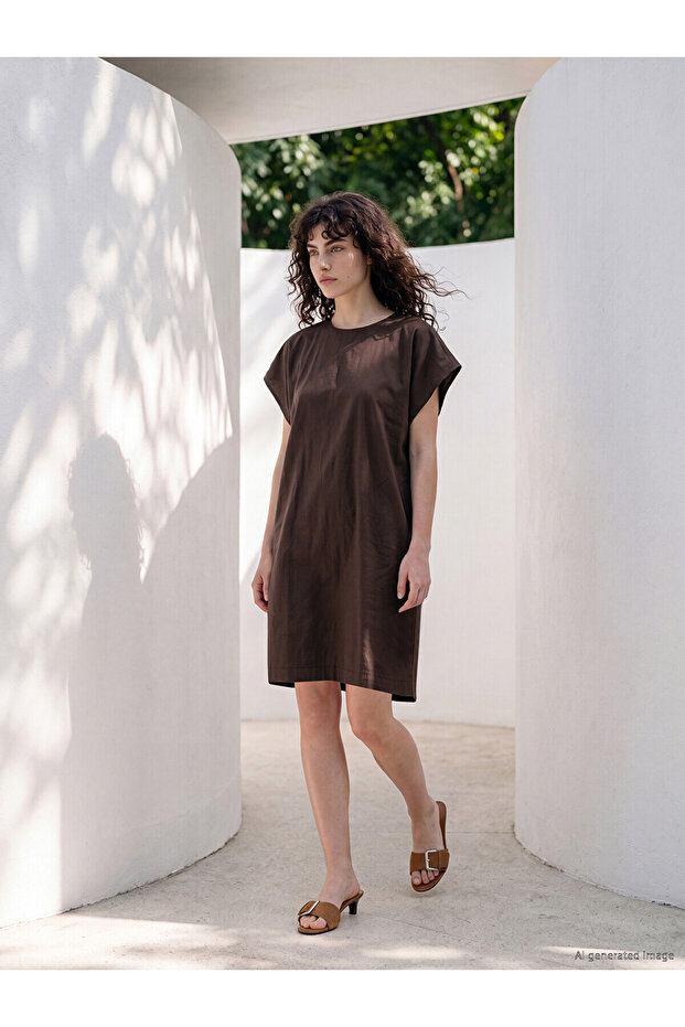 Original Oval Collar Linen Blend Mini Dress