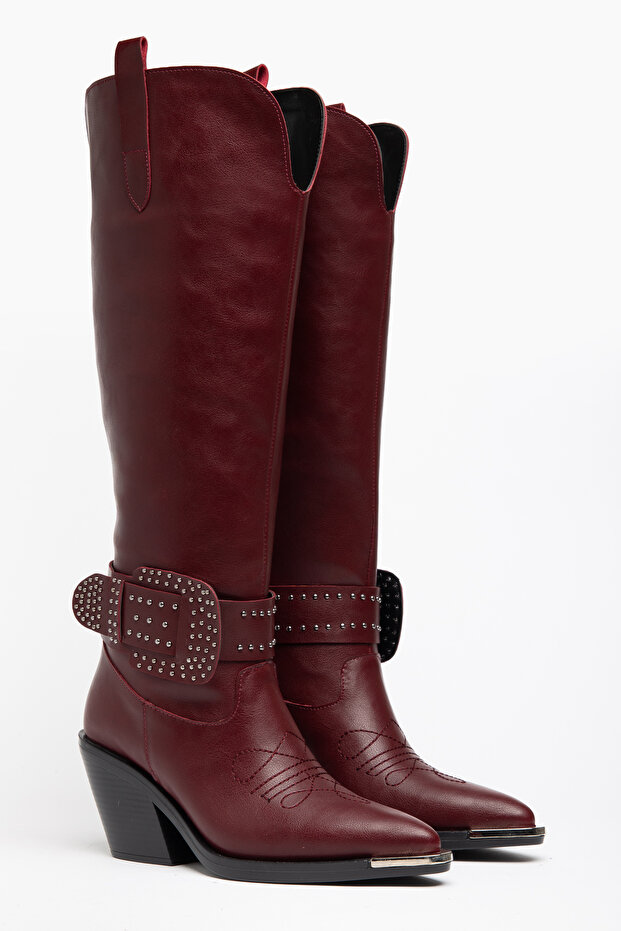 Burgundy Matte Leather Big Buckle Trok Detail Western Cowboy Knee-High Boots