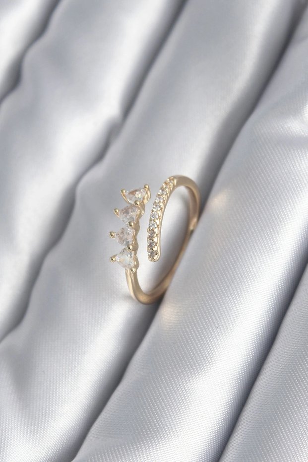 Brass Gold Color Heart Zircon Stone Detail Women's Ring