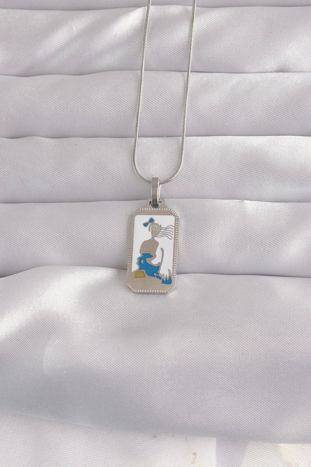 316L Steel Silver Color White Enamel Girl Figure Tarot Necklace
