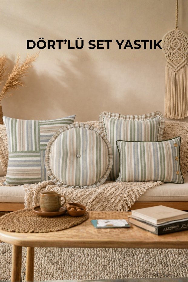 Set of 4 Decorative Throw Pillows – Colorful Striped Silicone-Filled Linen Bohemian Pillow Set