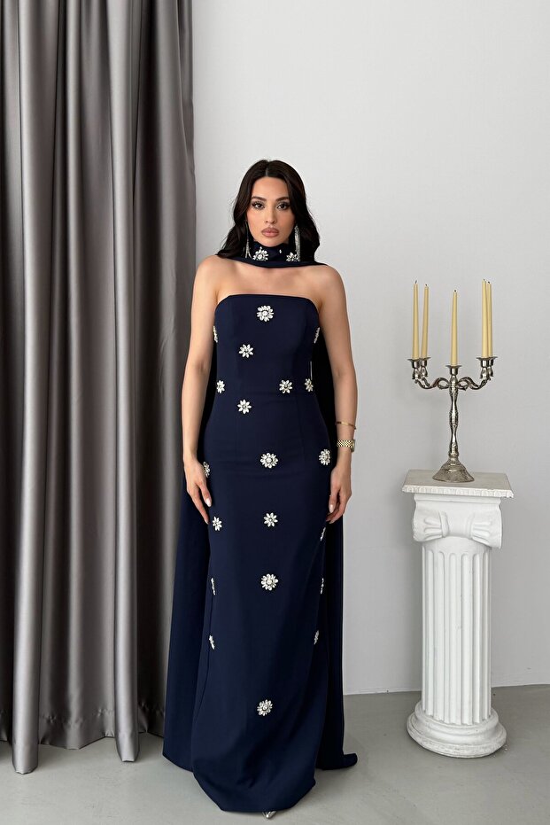 Navy Blue Strapless Floral Stone Embroidered Long Evening Dress with Shawl Detail