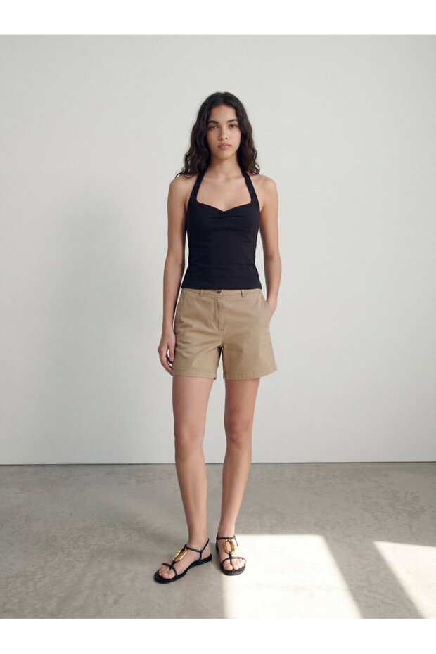 High Waist Cotton Woven Brown Shorts