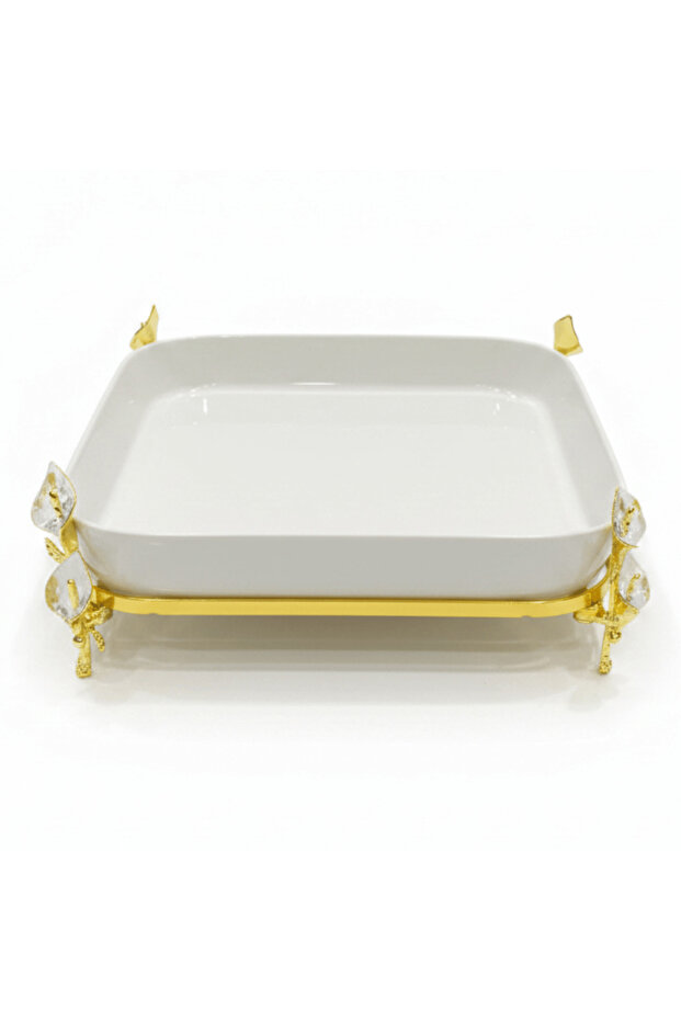 Silu White Ceramic Square Serving Tray with Ornate Golden Metal Base 10 Inch