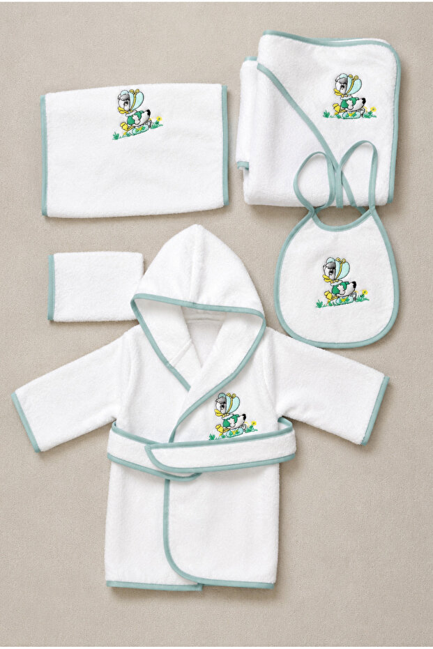 Newborn Embroidered Baby Bathrobe Set 5 Pieces Compatible with 0-2 Years Old 100% Cotton Curly Towels - Baby