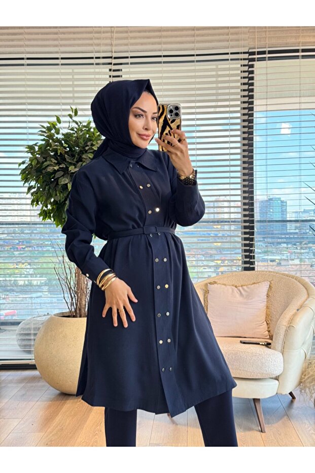 7522 front two rows metal button long tunic navy blue