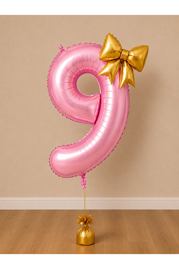 -9- Age Pink Number Gold Bow Foil Balloon Set