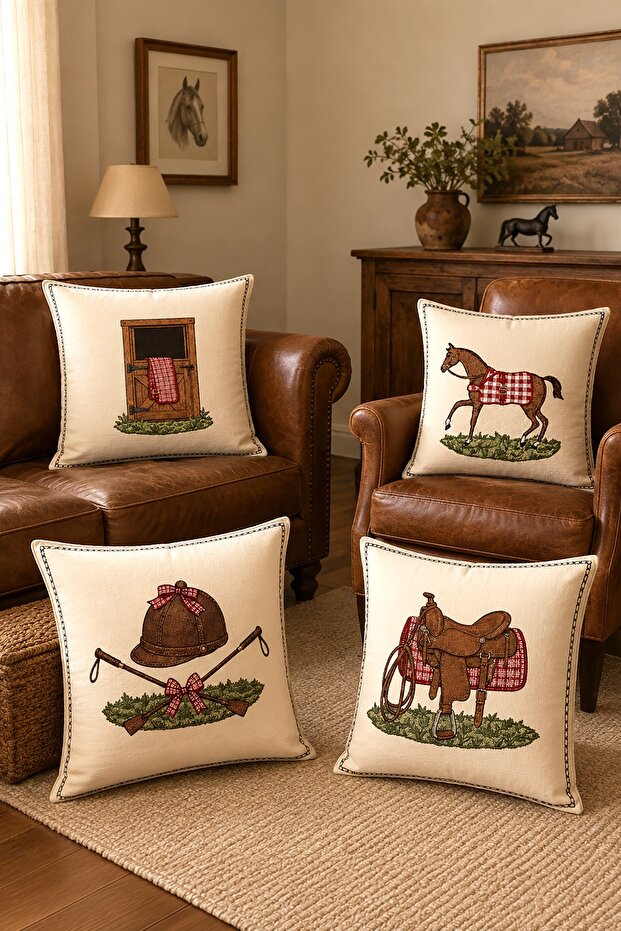 Horse, If, Barn Patterned 4-Piece Throw Pillow Cover Set