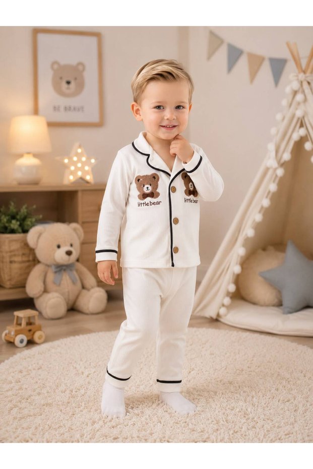100% Cotton Long Sleeve Buttoned Seasonal Little Bear Patterned Soft Textured Bottom and Top Unisex Baby Pajama Set for Girls and Boys