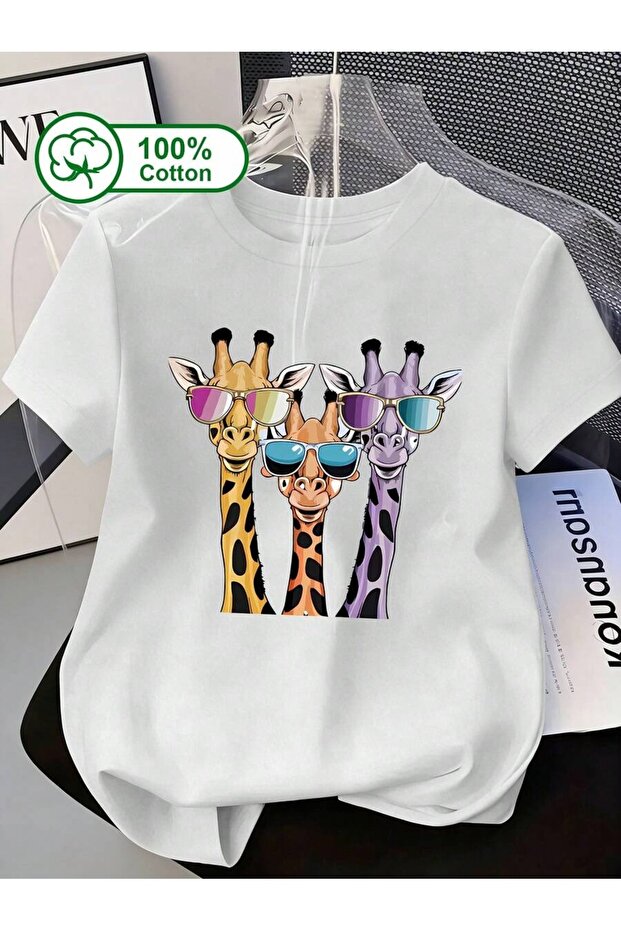 Giraffe Printed Oversize Crew Neck Summer T-Shirt
