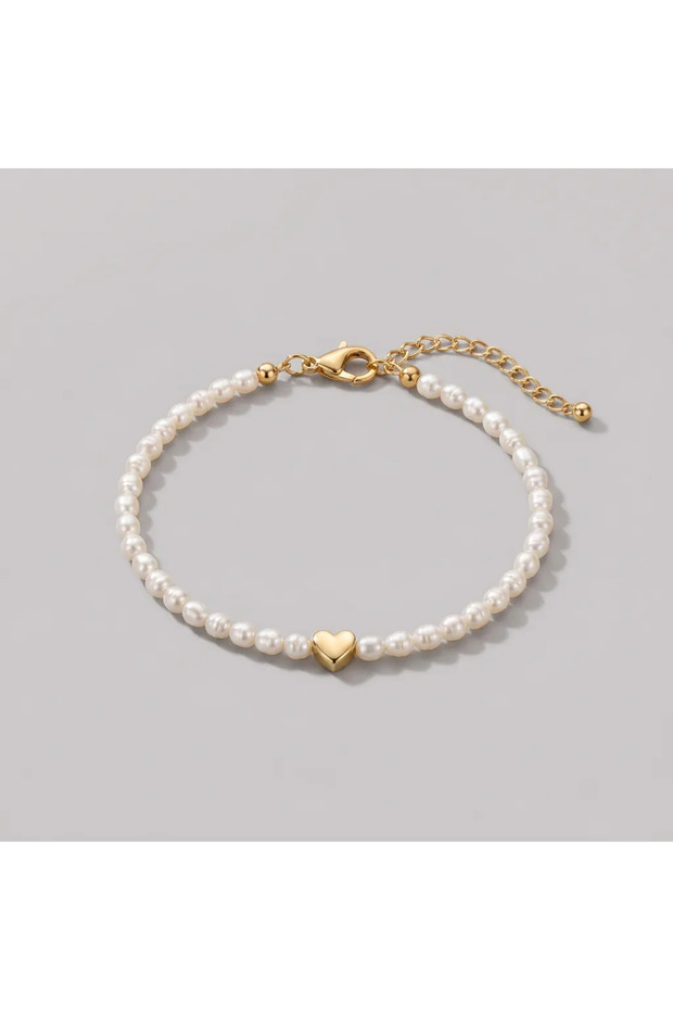 Pearl Beaded Heart Figured Gold Color Women's Anklet