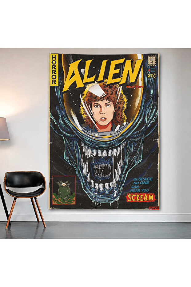 Alien Vintage Comic Wall Covering Wall Tapestry First Quality Satin Fabric Poster