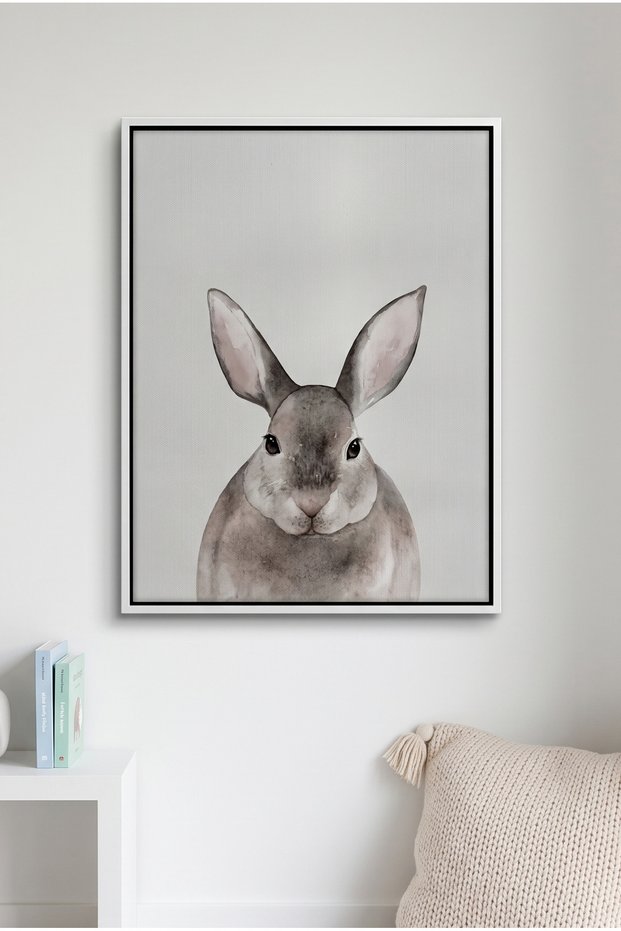 Watercolor Rabbit Kids Wall Art | Portrait Framed Canvas Print | Luxury Modern Decor for Kids Room