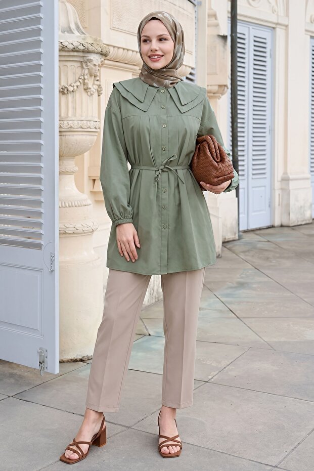 Baby Collar Buttoned Khaki Tunic