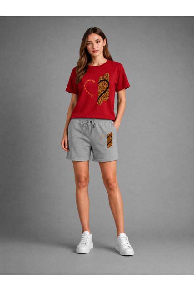 T-Shirt Shorts 2-Piece Combination Thin Summer Sweat-Absorbing Leopard Heart Printed Women's / Girls' Model