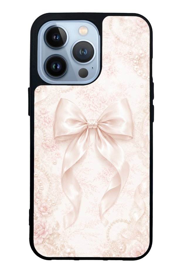 iPhone 13 Pro Glossy Phone Case with Blush Pearl Bow Design