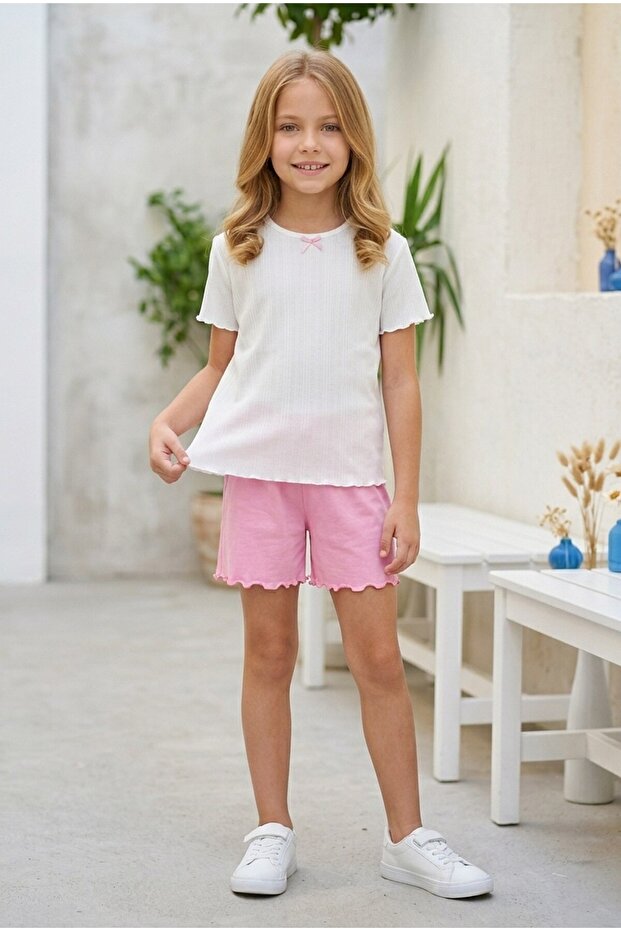 3-8 Years Old Girls Pink-White Shorts Set
