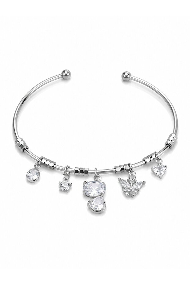 Silver Color Brass Cat Detailed Charm Women's Bracelet
