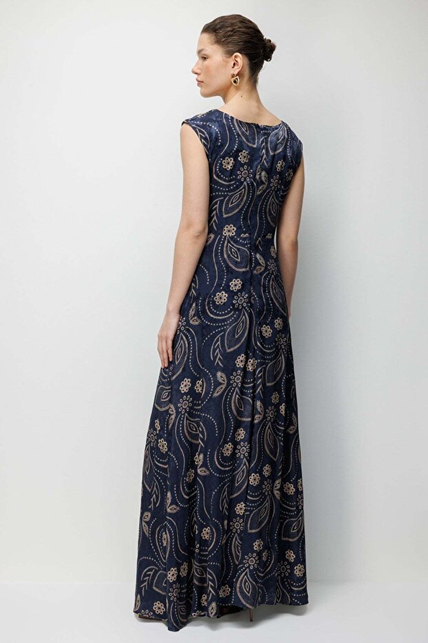 Mi Dress with Boat Necklace Collar, Pleated, Low Shoulder-82746