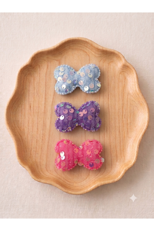 Set of 3 Sequined Bow Baby Hair Clips - Special for Babies Without Hair or with Little Hair