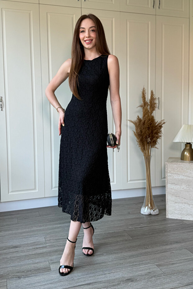 Lace Skirt Ruffle Detailed Sleeveless Midi Black Dress