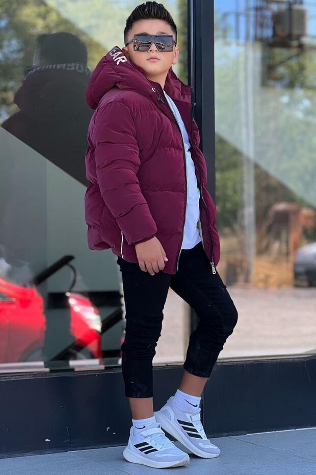 Boys' Hooded Printed Reflective Detailed Nova Fabric Winter Inflatable Coat Km4017