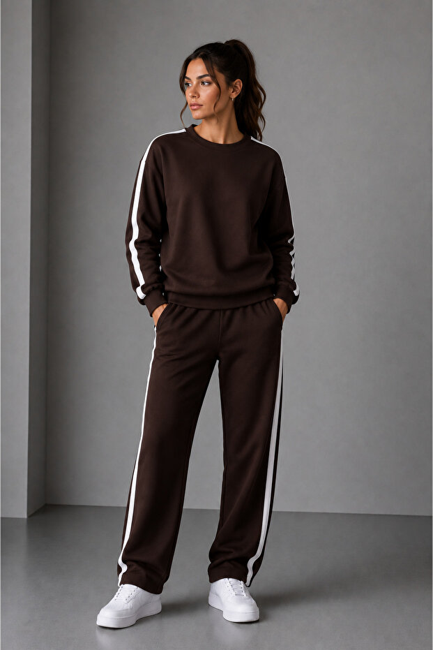 Women's Top and Bottom Set - Circular Necklace Striped Track Suit