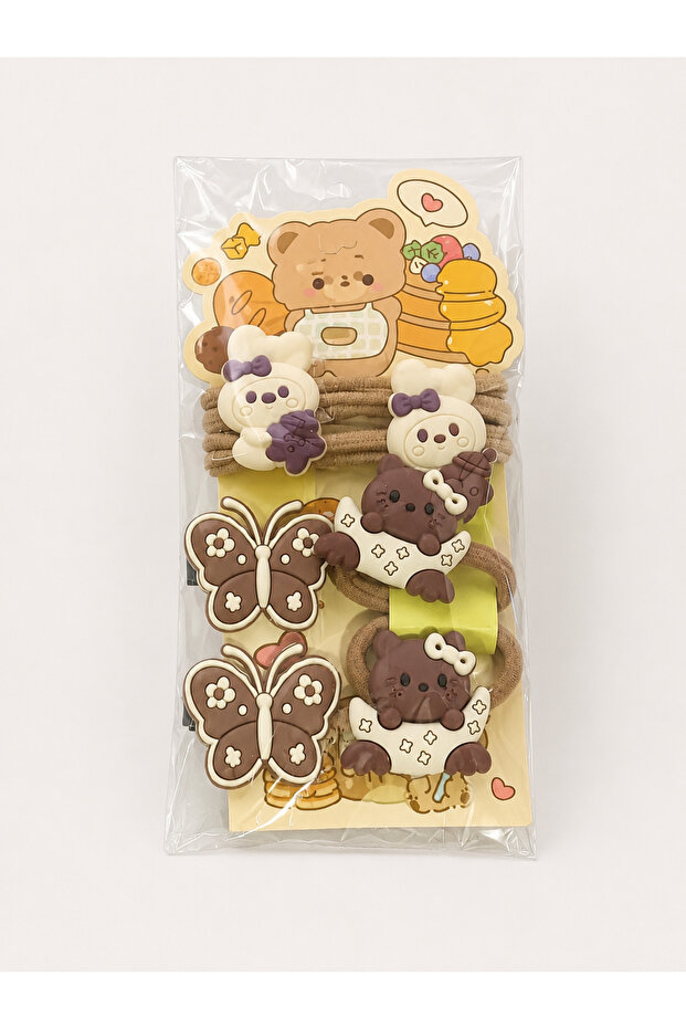 Korean Style Figured Brown 6-Piece Children's Pens and Rubber Bands Set - 2 Pens 4 Rubber Bands