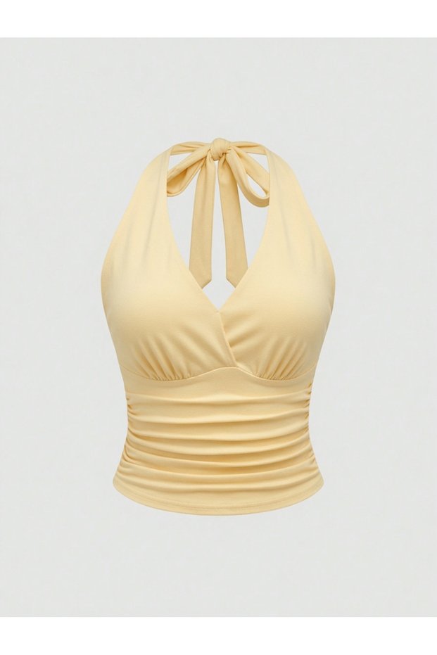 Yellow Halter Neck Crop Blouse, Women's Halter Neck Crop Blouse, Summer Butter Yellow Crop